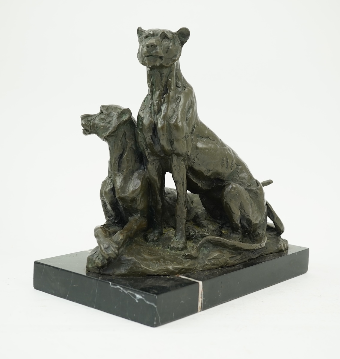 Miguel Fernando Lopez (Portuguese, contemporary): A painted bronze group of two lionesses